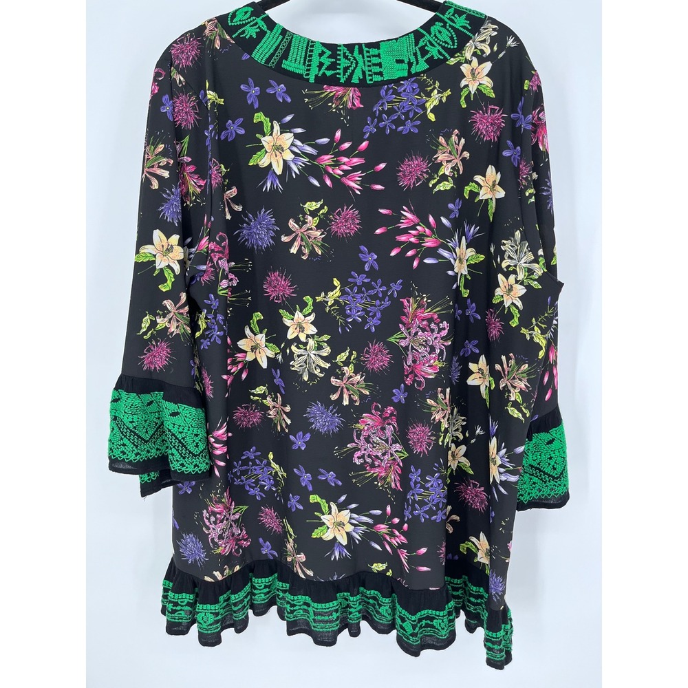 Colorful Tunic Blouse 2X Black Green Floral Embroidered Boho Peasant Top Caleoas - Picture 4 of 12